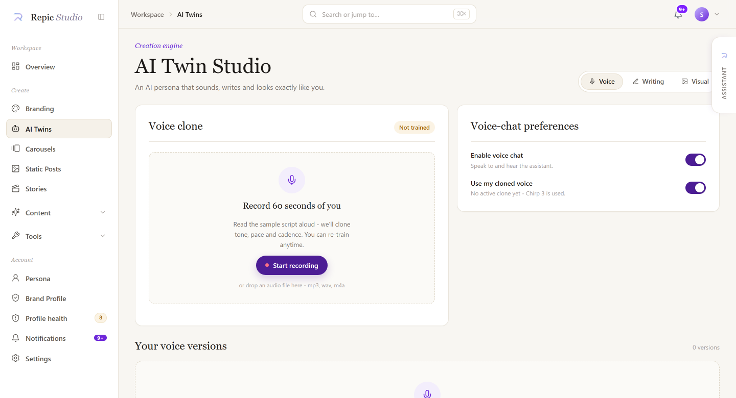 Repic Studio, AI Twin Studio, voice tab
